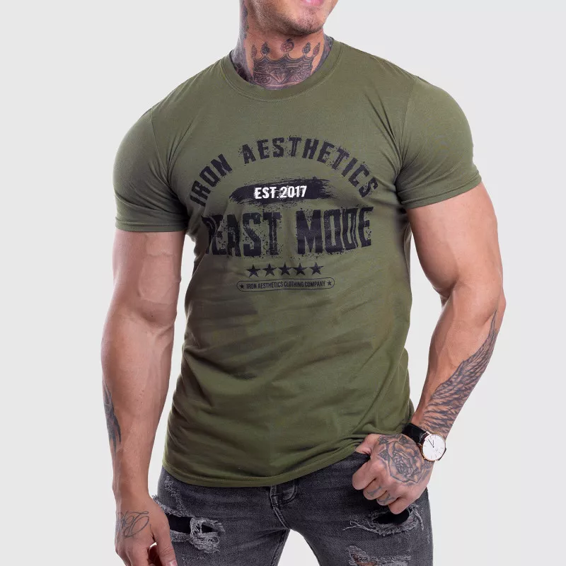 Pánské fitness tričko Iron Aesthetics Beast Mode Est. 2017, vojenská zelená-1