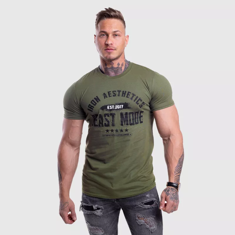 Pánské fitness tričko Iron Aesthetics Beast Mode Est. 2017, vojenská zelená-2