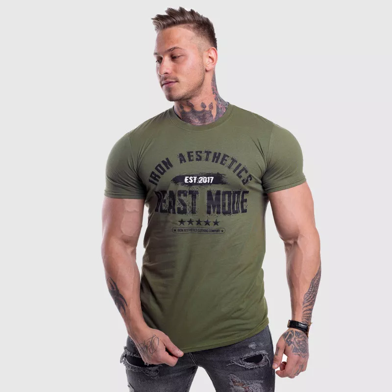 Pánské fitness tričko Iron Aesthetics Beast Mode Est. 2017, vojenská zelená-3